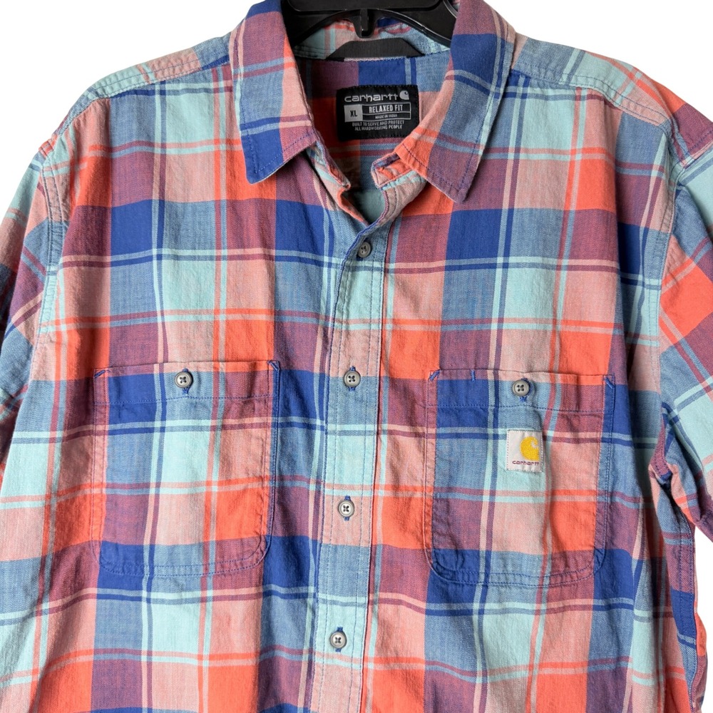 Carhartt Button Down Shirt Mens XL Blue Plaid Relaxed Fit Short Sleeve Western